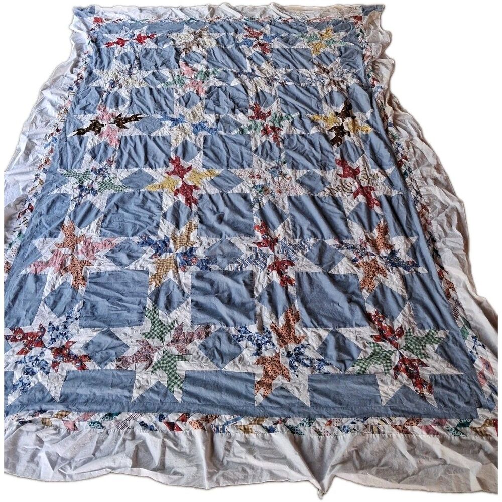 Vtg Hand Stitched Quilt Top Patchwork Dove Birds Star Large 81" X 112